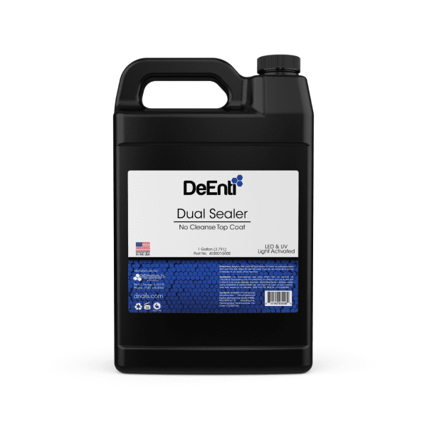 A one-gallon (3.79 L) black jug of DeEnti Dual Sealer No Cleanse Top Coat, the ultimate bulk size for salons.