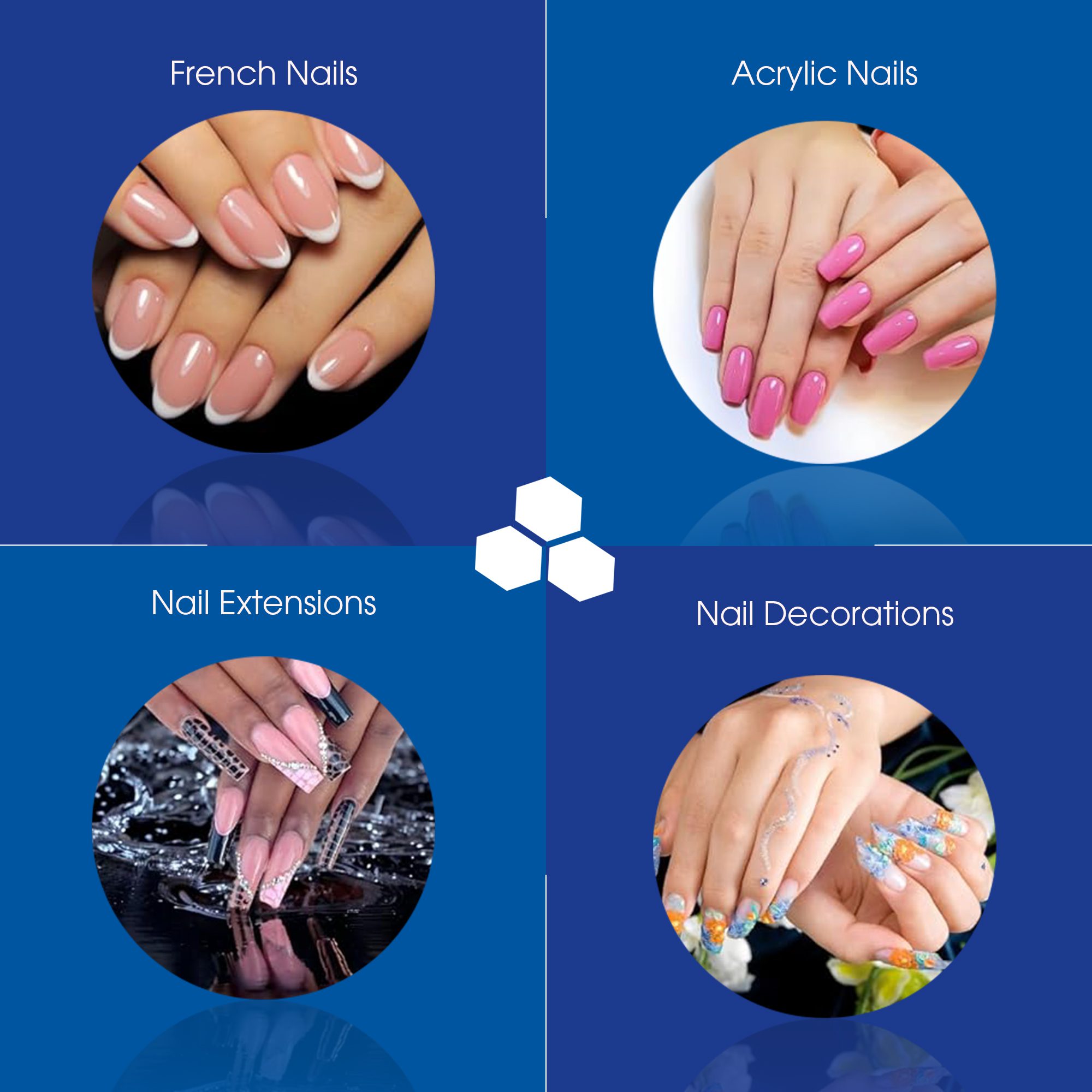 Four-section image: French nails, acrylic nails, nail extensions, nail decorations.