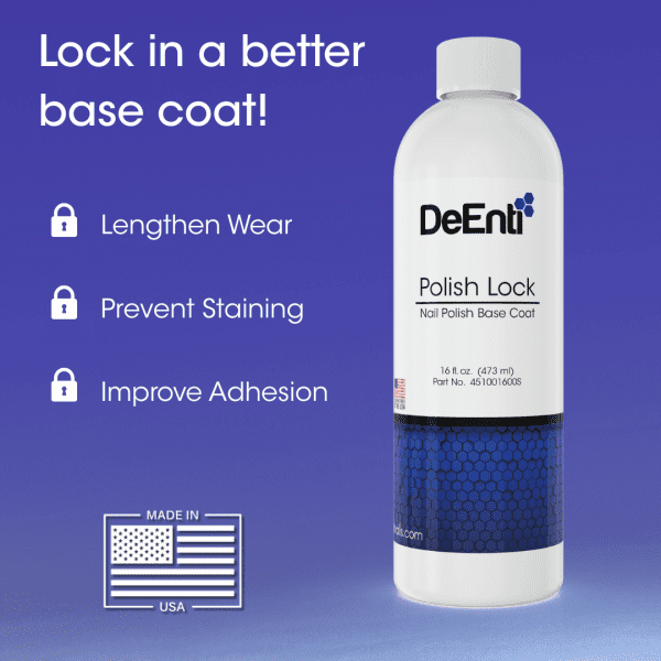 DeEnti Polish Lock Nail Polish Base Coat 16 fl. oz. bottle with white cap, featuring text highlighting benefits like "Lengthen Wear," "Prevent Staining," "Improve Adhesion," and "Made in USA" on a blue background.