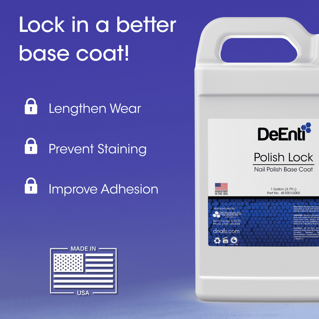 DeEnti Polish Lock Nail Polish Base Coat 16 fl. oz. bottle with white cap, featuring text highlighting benefits like "Lengthen Wear," "Prevent Staining," "Improve Adhesion," and "Made in USA" on a blue background.