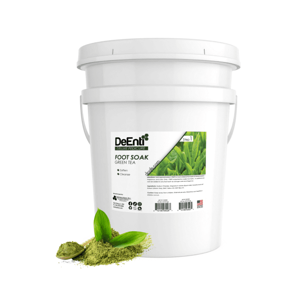 A large 20kg bulk pail of DeEnti Green Tea Foot Soak, designed for high-volume professional salon and spa use.