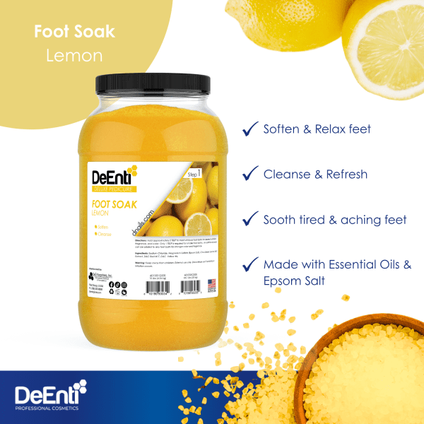 An infographic for DeEnti Lemon Foot Soak listing four key benefits: Soften & Relax feet, Cleanse & Refresh, Soothe tired & aching feet, and Made with Essential Oils & Epsom Salt.