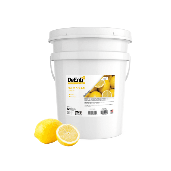 A 20kg bulk pail of DeEnti Lemon Foot Soak, the economical choice for professional spas seeking a refreshing and purifying pedicure treatment.