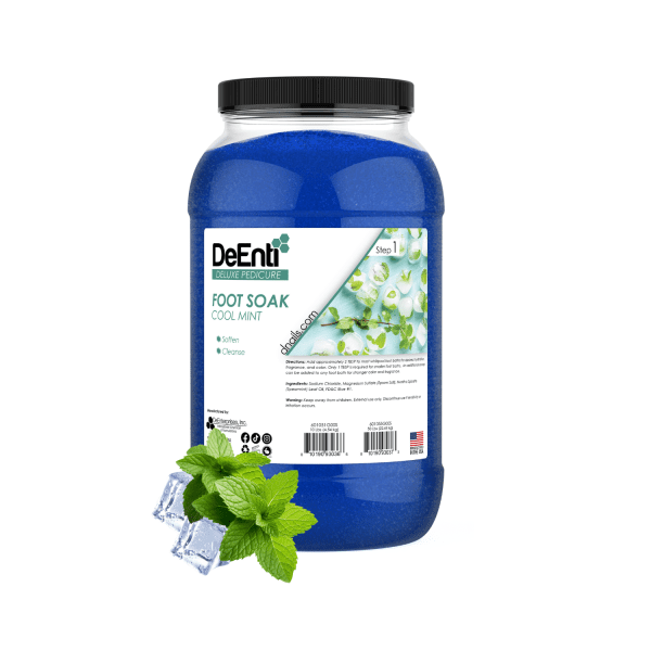 A 10 lbs professional jar of DeEnti Cool Mint Foot Soak, with light blue bath salt crystals and fresh mint leaves displayed next to it.