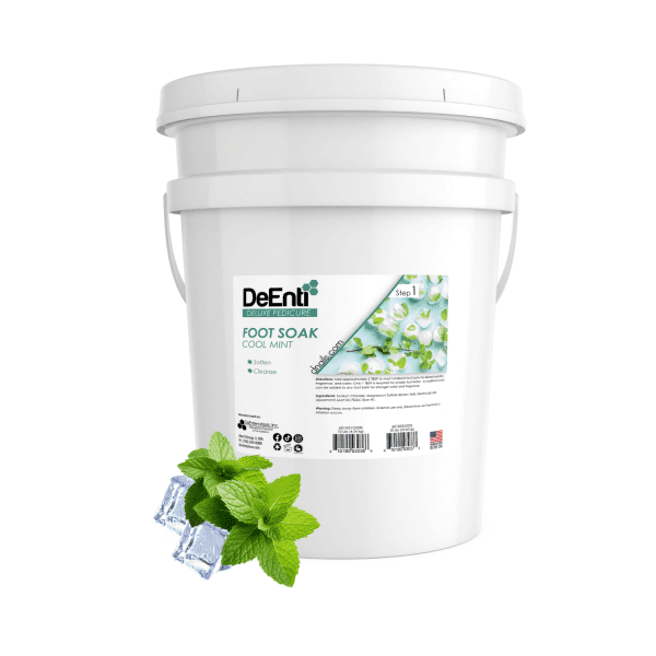 A 20kg bulk pail of DeEnti Cool Mint Foot Soak, the economical choice for professional spas offering therapeutic and sports pedicures.