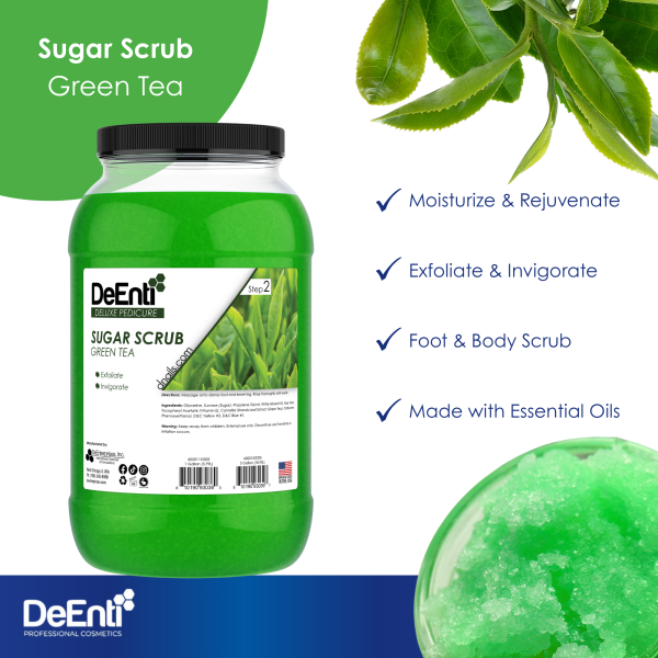 One-gallon jar of DeEnti Green Tea Sugar Scrub with checkmarks highlighting key benefits like exfoliation, moisturizing, and use of essential oils for foot and body.