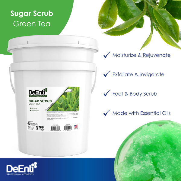 DeEnti Green Tea Sugar Scrub in a 5-gallon pail with features listed: Moisturize & Rejuvenate, Exfoliate & Invigorate, Foot & Body Scrub, and Made with Essential Oils.