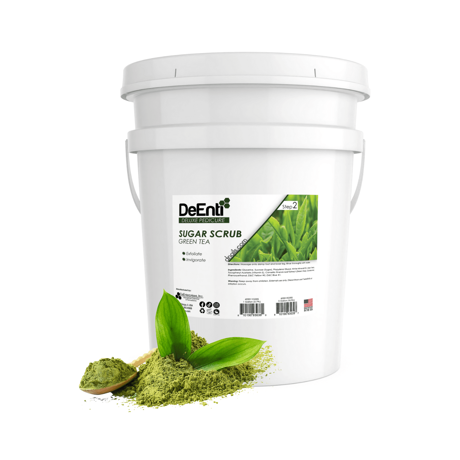 5-gallon white pail of DeEnti Green Tea Sugar Scrub for professional pedicures, shown with a scoop of green tea powder and fresh leaves in the foreground.