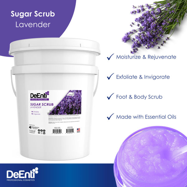 DeEnti Lavender Sugar Scrub in a 5-gallon pail with highlighted features: Moisturize & Rejuvenate, Exfoliate & Invigorate, Foot & Body Scrub, and Made with Essential Oils.