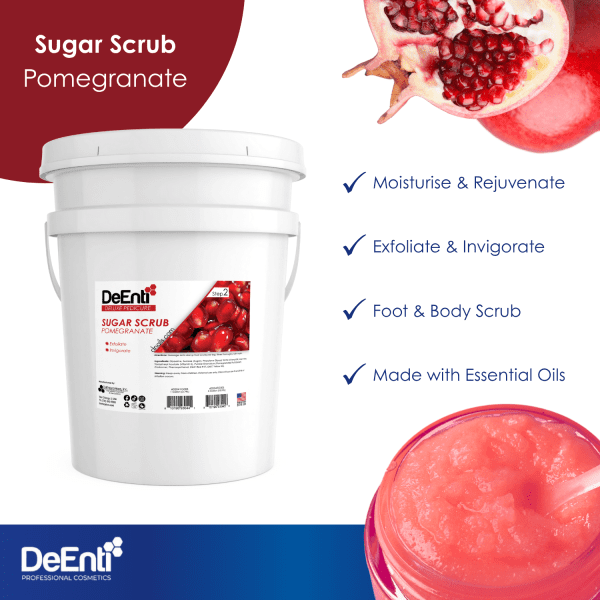 The 5-gallon pail of DeEnti Pomegranate Sugar Scrub highlighting four key benefits: Moisturize & Rejuvenate, Exfoliate & Invigorate, Foot & Body Scrub, and Made with Essential Oils.