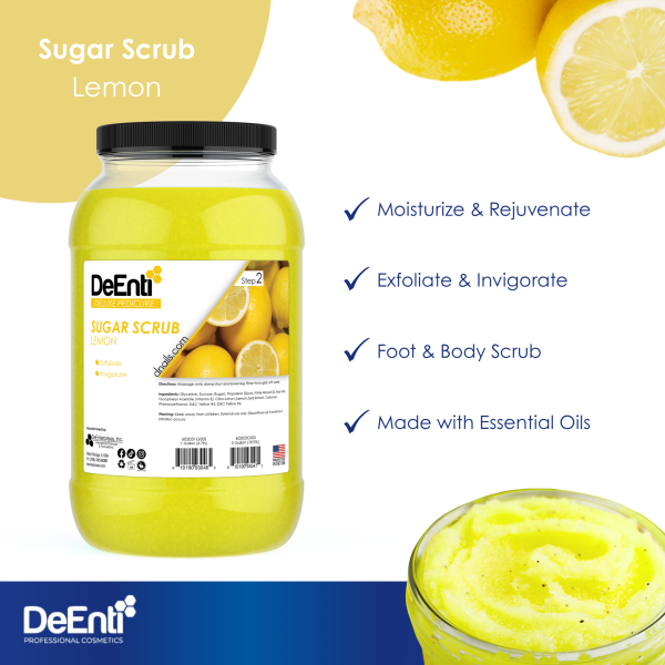 The 1-gallon jar of DeEnti Lemon Sugar Scrub with checkmarks highlighting its four features: it moisturizes, exfoliates, works as a foot & body scrub, and contains essential oils.
