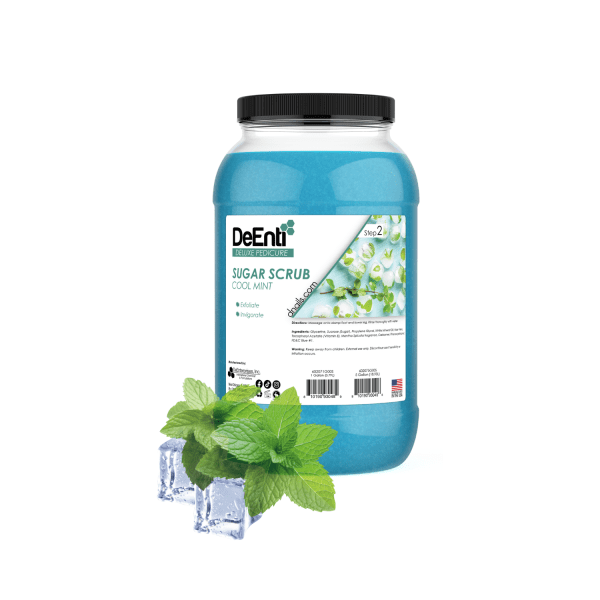 A 1-gallon clear jar of light blue DeEnti Cool Mint Sugar Scrub, an exfoliating product for a cooling pedicure, shown with mint leaves and ice cubes.