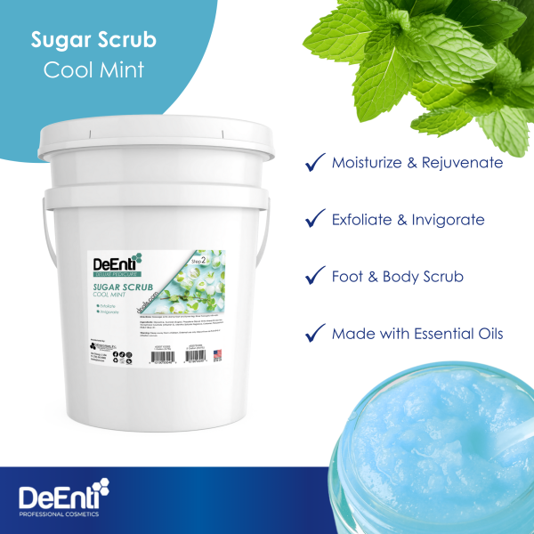 The 5-gallon pail of DeEnti Cool Mint Sugar Scrub highlighting four key benefits: Moisturize & Rejuvenate, Exfoliate & Invigorate, Foot & Body Scrub, and Made with Essential Oils.