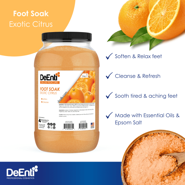 An infographic for DeEnti Exotic Citrus Foot Soak listing four key benefits: Soften & Relax feet, Cleanse & Refresh, Soothe tired & aching feet, and Made with Essential Oils & Epsom Salt.