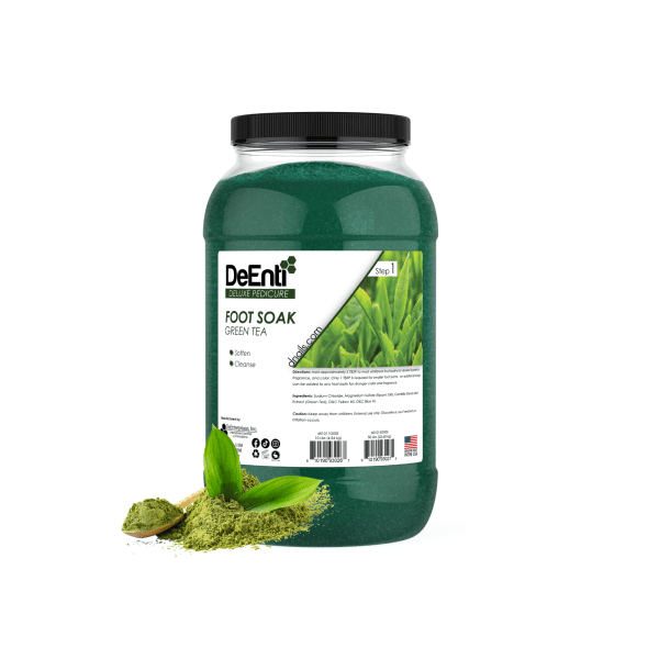 A large 10 lbs professional jar of DeEnti Green Tea Foot Soak, with a wooden scoop displaying the green bath salt crystals next to it.