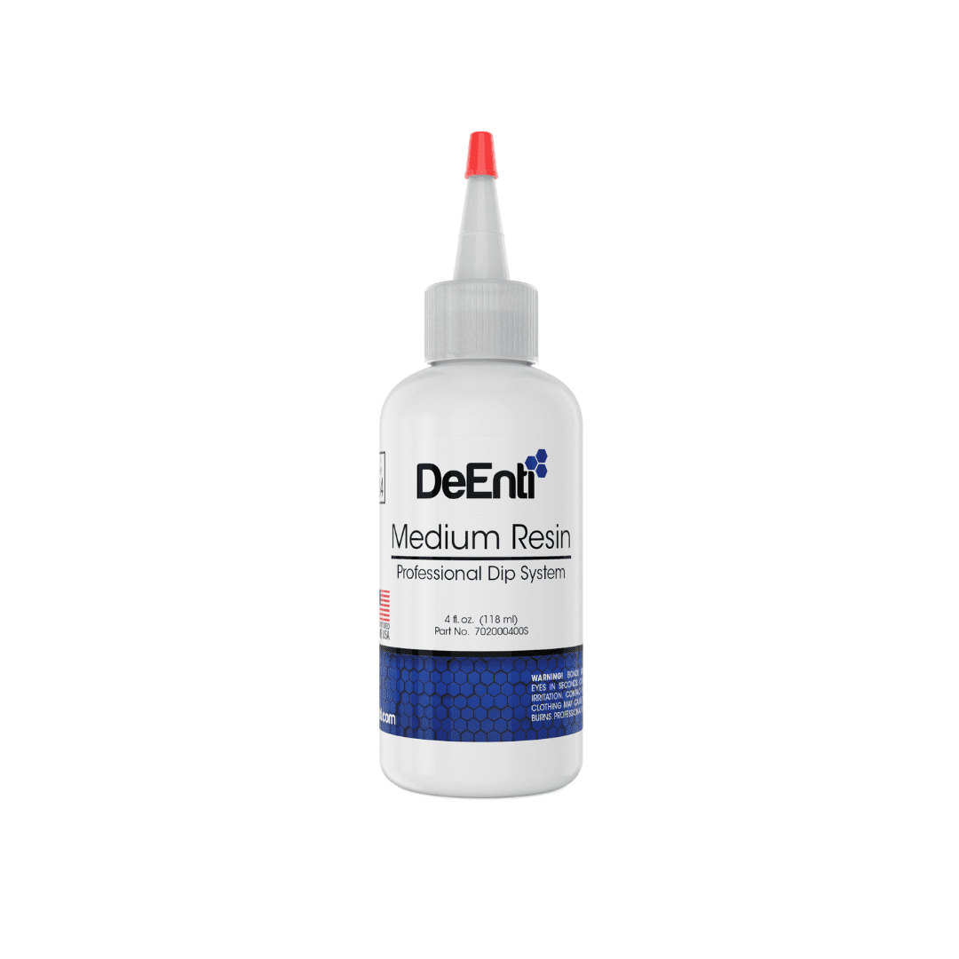 A 4 fl oz (118 ml) white refill bottle of DeEnti Medium Resin with a red precision tip, part of the Professional Dip System.