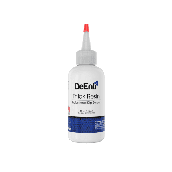 A 4 fl oz (118 ml) white refill bottle of DeEnti Thick Resin with a precision tip, designed as a dip top coat.