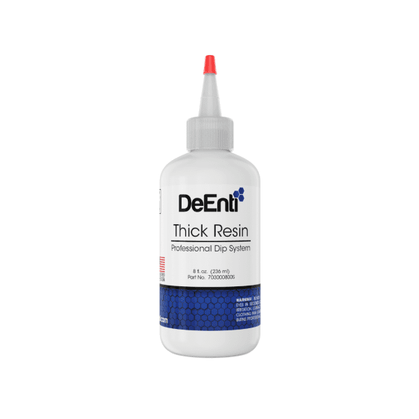 An 8 fl oz (236 ml) professional salon refill bottle of DeEnti Thick Resin for a durable, glossy dip top coat.