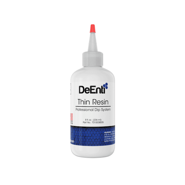 An 8 fl oz (236 ml) professional salon refill bottle of DeEnti Thin Resin for a lightweight and strong dip base coat.