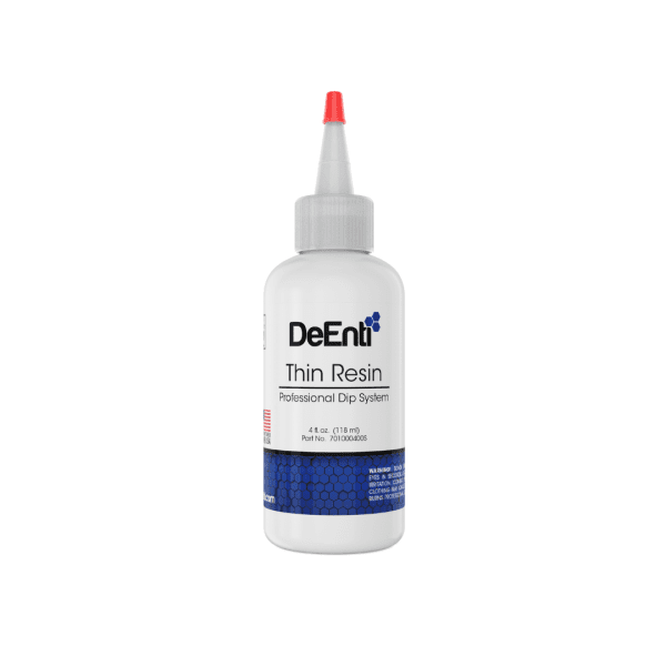 A 4 fl oz (118 ml) white refill bottle of DeEnti Thin Resin with a precision tip, designed as a dip system base coat.