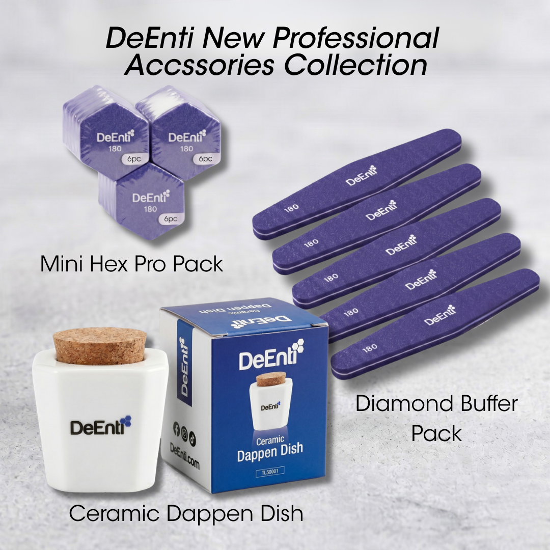 Promotional graphic titled "DeEnti New Professional Accessories Collection" displaying three products on a textured gray background: the "Mini Hex Pro Pack" featuring three wrapped purple hexagonal blocks labeled 180 grit, the "Diamond Buffer Pack" showing five purple elongated nail buffers labeled 180 grit, and a white "Ceramic Dappen Dish" with a cork stopper next to its blue packaging box.
